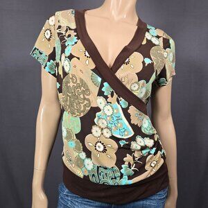 Vintage 90s Top Asian Floral Boho Print Womens Size L Brown Blue V Neck